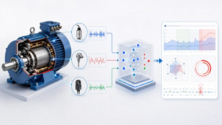Esquema visual de anomaly detection multivariable aplicado a motores con sensores y panel analítico