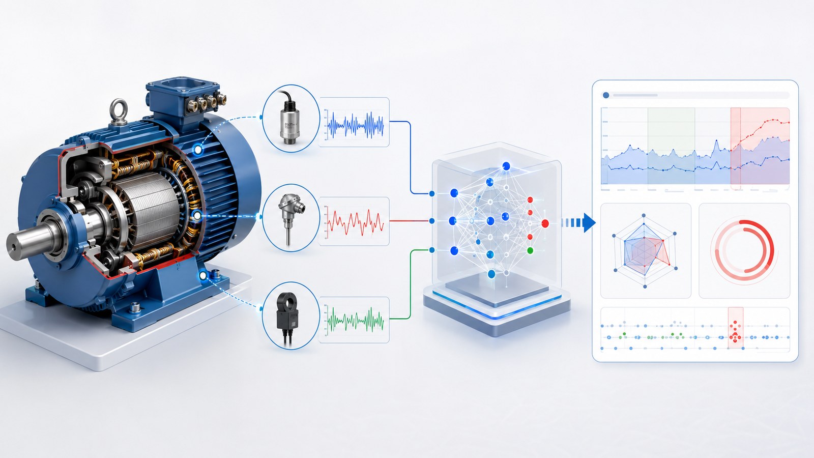 Esquema visual de anomaly detection multivariable aplicado a motores con sensores y panel analítico