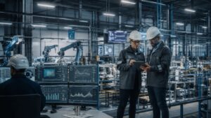 Ingenieros y operarios supervisando una fábrica conectada con analítica avanzada y paneles de datos industriales.
