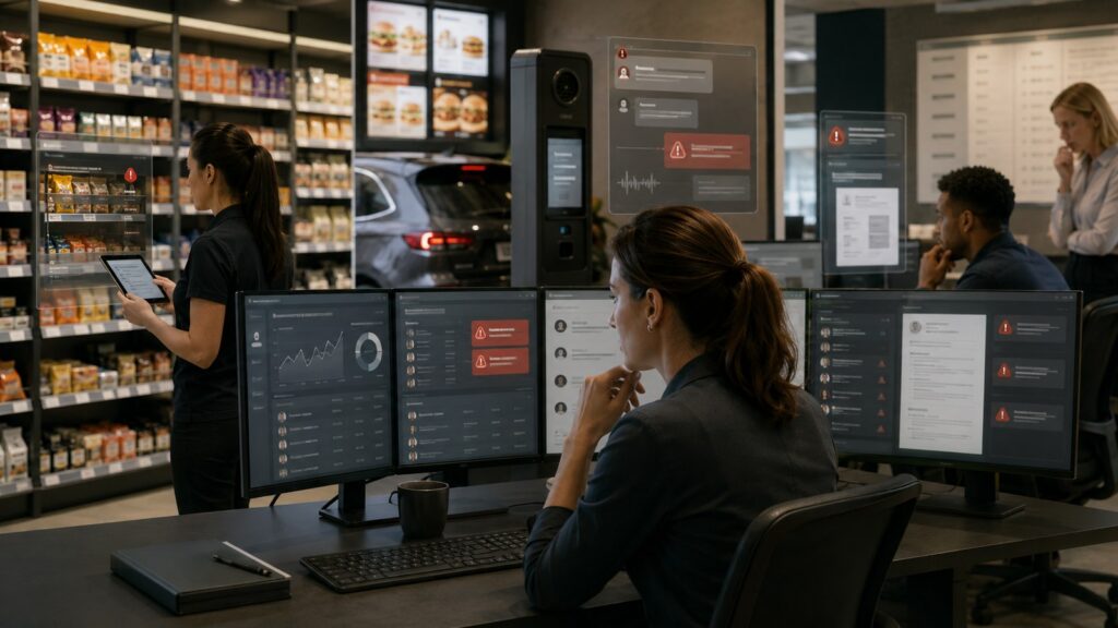 Escena editorial sobre fallos empresariales de inteligencia artificial con inventario, atención al cliente y supervisión operativa.