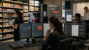 Escena editorial sobre fallos empresariales de inteligencia artificial con inventario, atención al cliente y supervisión operativa.