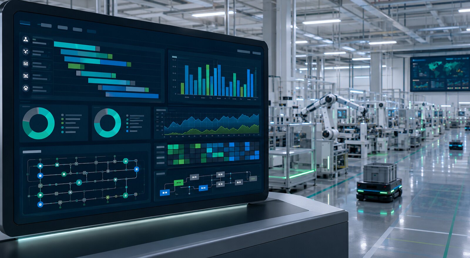 Pantalla de control de planificación industrial con indicadores de capacidad, secuenciación y alertas en una fábrica automatizada.