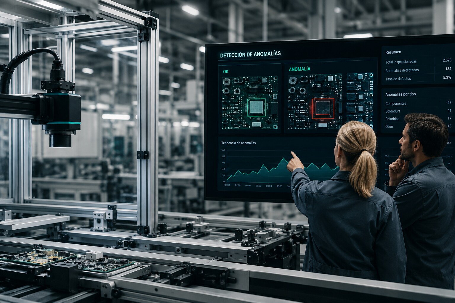 Línea de producción industrial con cámaras de visión artificial y panel de detección de anomalías mediante deep learning