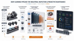 Esquema visual del flujo de deep learning industrial desde sensores y cámaras hasta detección de defectos, alertas y panel operativo