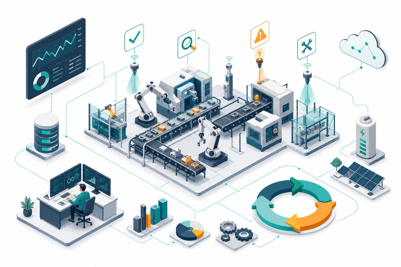 Ilustración editorial de un flujo industrial con sensores, mantenimiento, calidad y eficiencia energética conectados