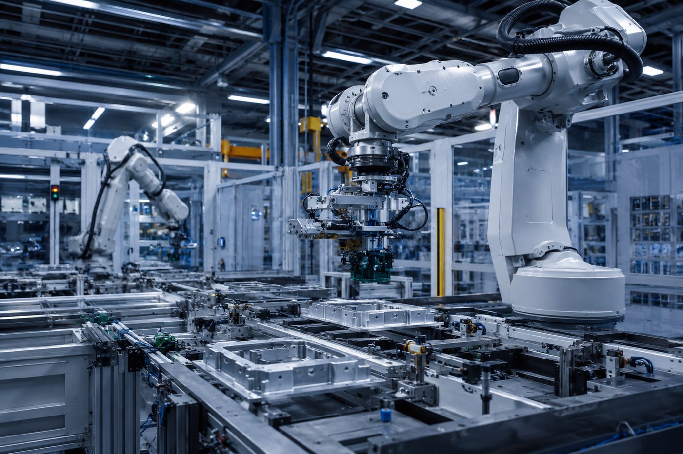 Línea de manufactura automatizada con robots industriales trabajando en una planta