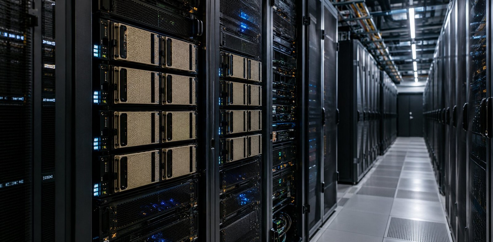 Racks de servidores con GPU en un centro de datos preparado para cargas de inteligencia artificial