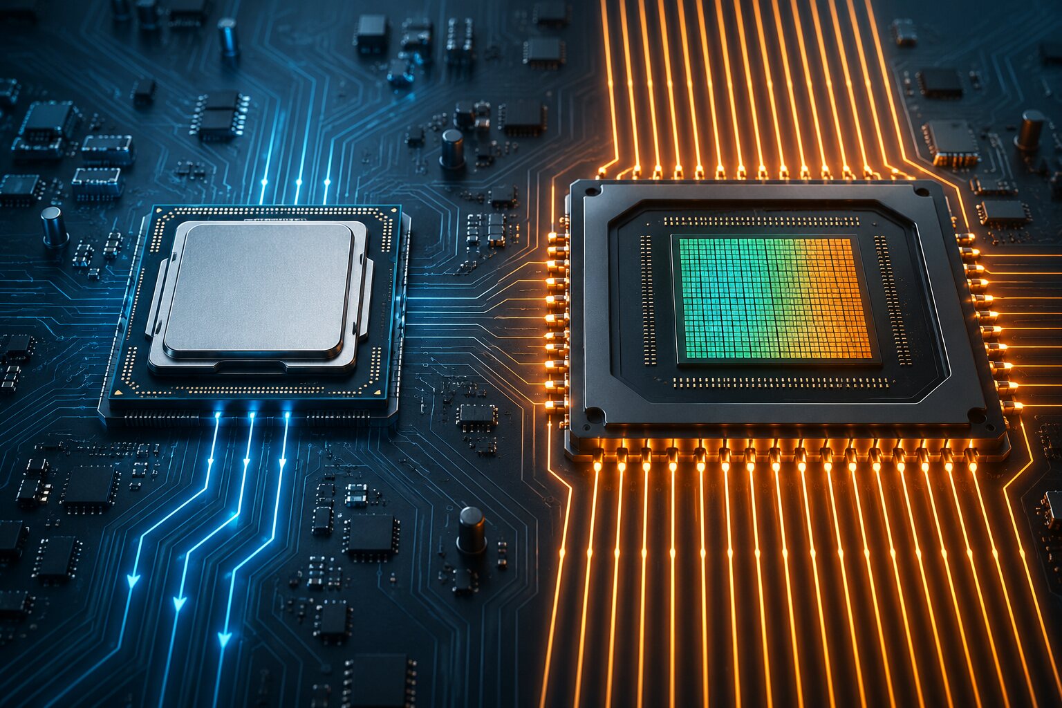 Ilustración técnica de una CPU y una GPU conectadas a flujos de datos secuenciales y paralelos
