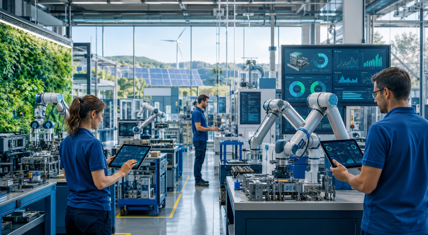 Entorno industrial avanzado con operarios, robótica colaborativa y paneles de datos que representan la Industria 5.0 aplicada