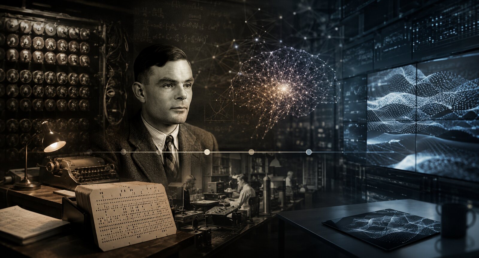 Composición editorial sobre la evolución de la inteligencia artificial desde la computación temprana hasta los modelos actuales