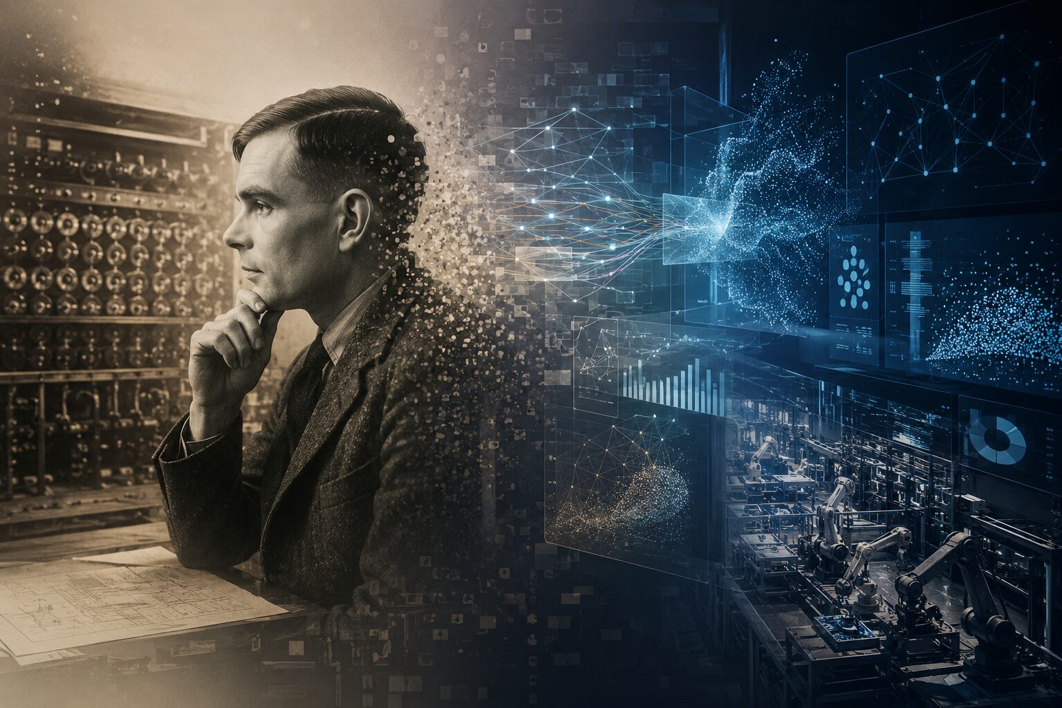 Ilustración editorial que conecta las ideas de Alan Turing con los sistemas modernos de inteligencia artificial generativa