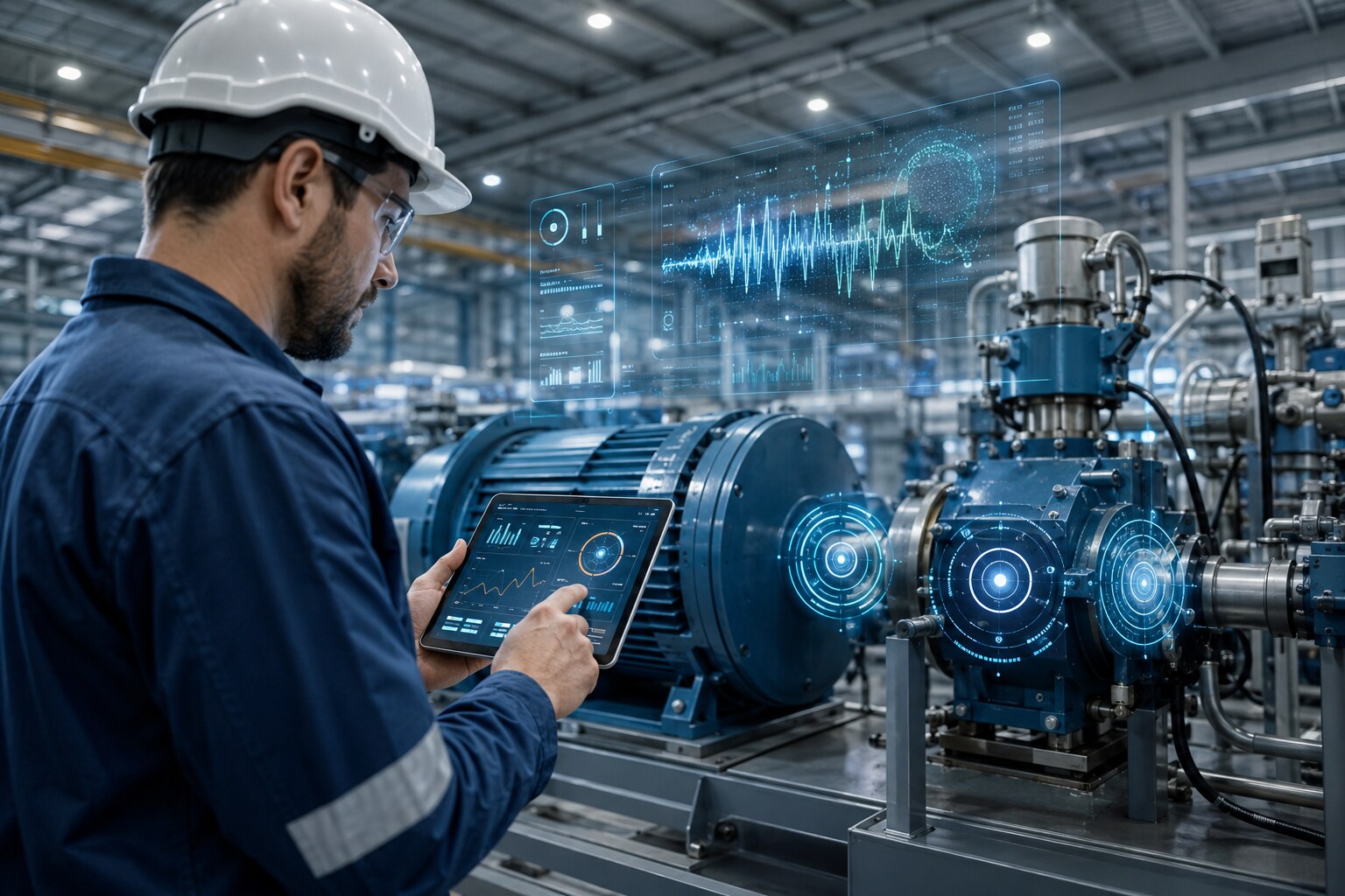 Ingeniero de mantenimiento revisando el estado de activos industriales con apoyo de inteligencia artificial en una planta moderna