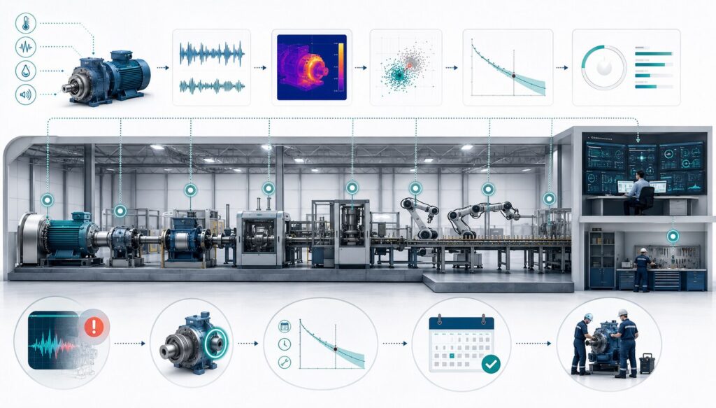 Esquema visual de una línea industrial con sensores, análisis de anomalías y mantenimiento planificado mediante inteligencia artificial