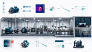 Esquema visual de una línea industrial con sensores, análisis de anomalías y mantenimiento planificado mediante inteligencia artificial