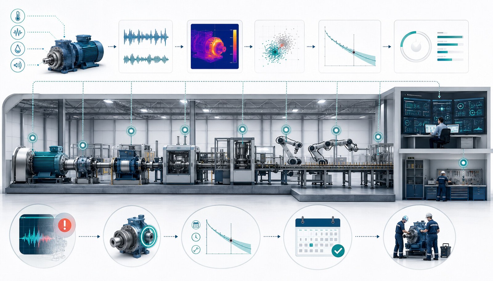 Esquema visual de una línea industrial con sensores, análisis de anomalías y mantenimiento planificado mediante inteligencia artificial