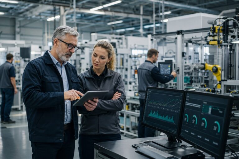 Ingenieros revisando paneles de producción y rendimiento en una planta industrial moderna