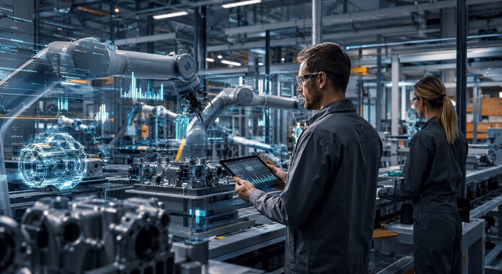 Fábrica moderna con robótica colaborativa, visión artificial y analítica industrial conectada