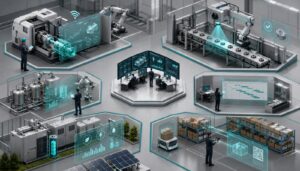Ilustración editorial de seis aplicaciones industriales conectadas: mantenimiento predictivo, visión artificial, optimización, planificación, energía y trazabilidad