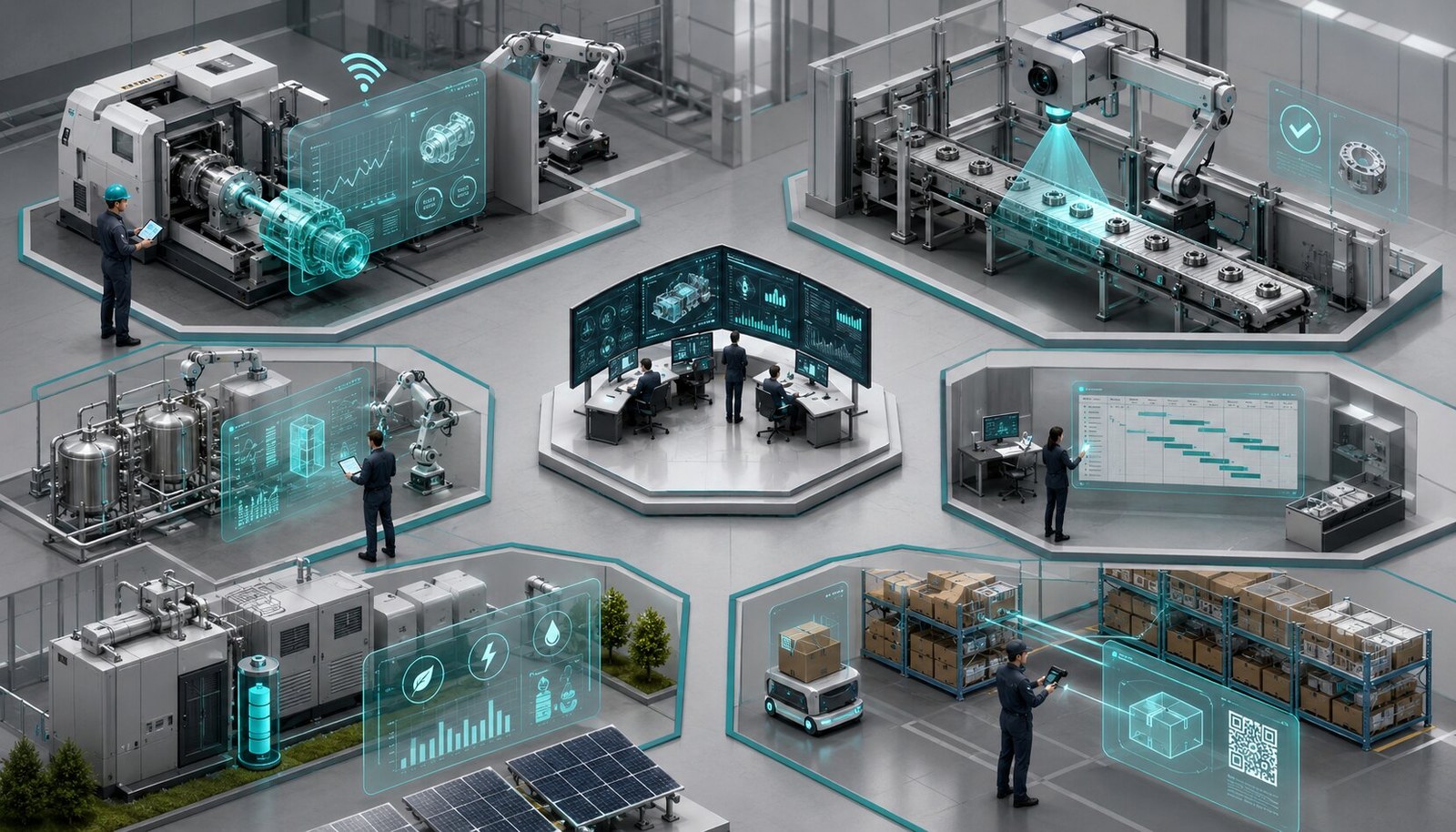 Ilustración editorial de seis aplicaciones industriales conectadas: mantenimiento predictivo, visión artificial, optimización, planificación, energía y trazabilidad