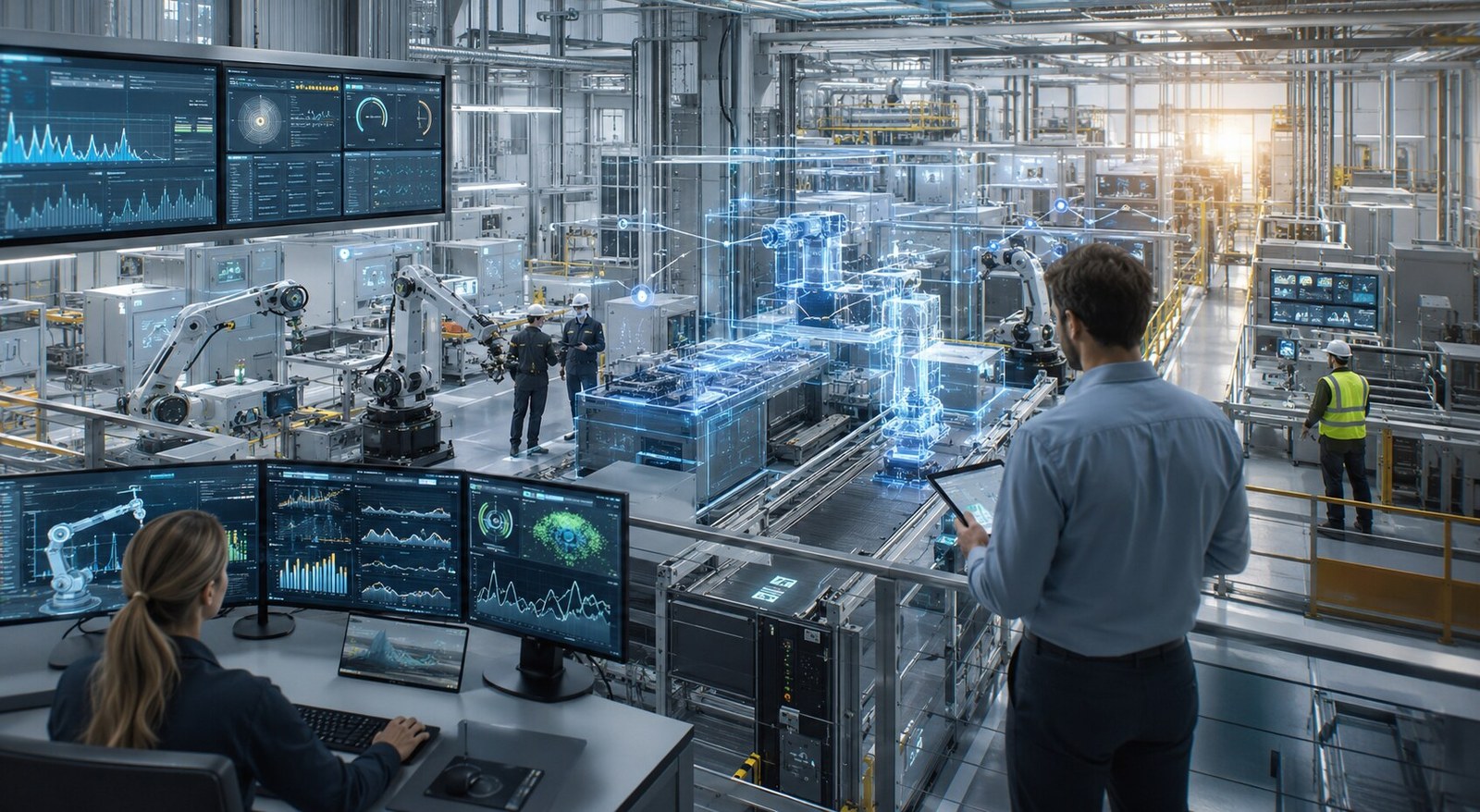 Planta industrial moderna con robótica, paneles de analítica y supervisión operativa conectada.