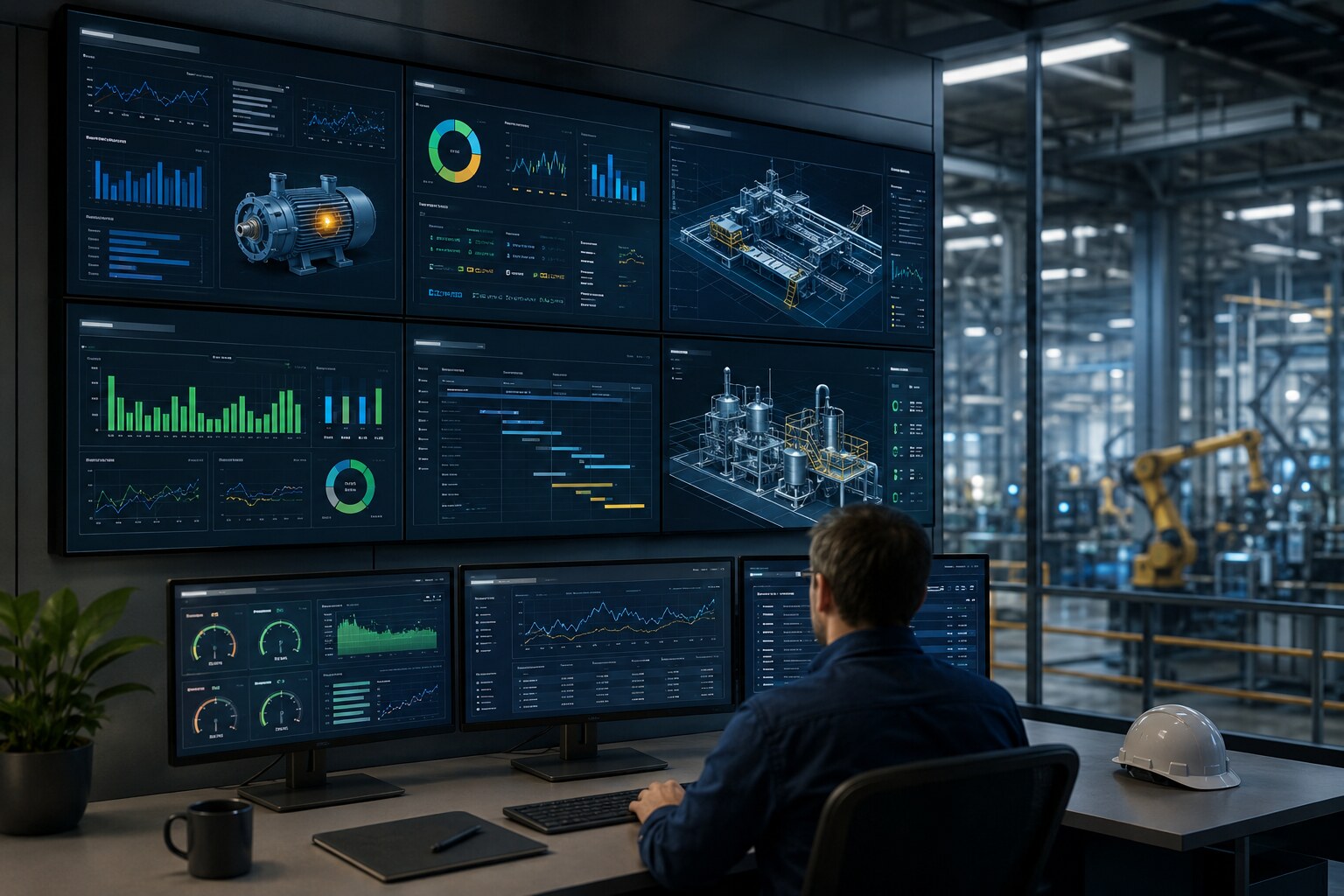 Sala de control industrial con analítica visual, mantenimiento predictivo y cuadros de energía y planificación.