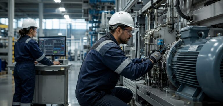 Técnico de mantenimiento y analista revisando un equipo industrial monitorizado con inteligencia artificial en una planta moderna.