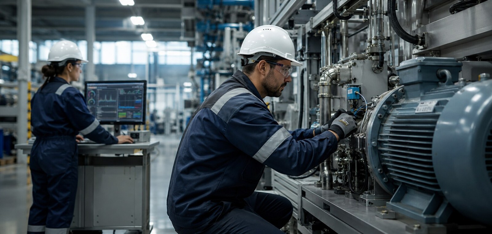 Técnico de mantenimiento y analista revisando un equipo industrial monitorizado con inteligencia artificial en una planta moderna.