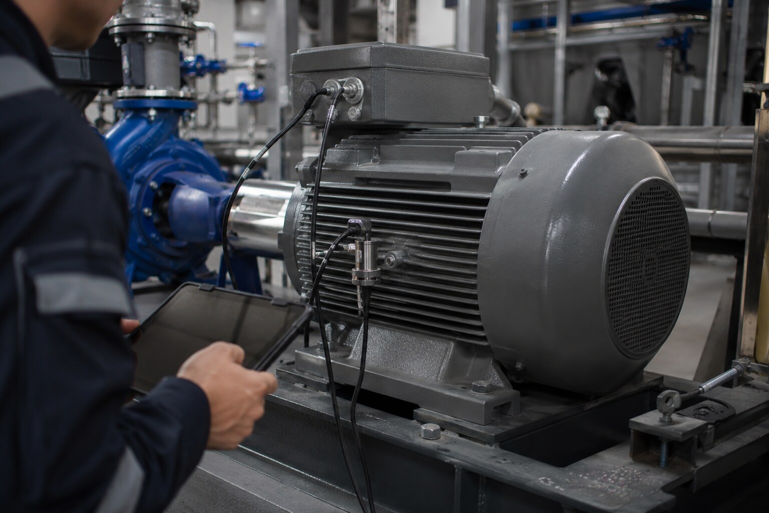 Motor industrial instrumentado con sensores de condición mientras un técnico revisa la lectura desde una tableta.