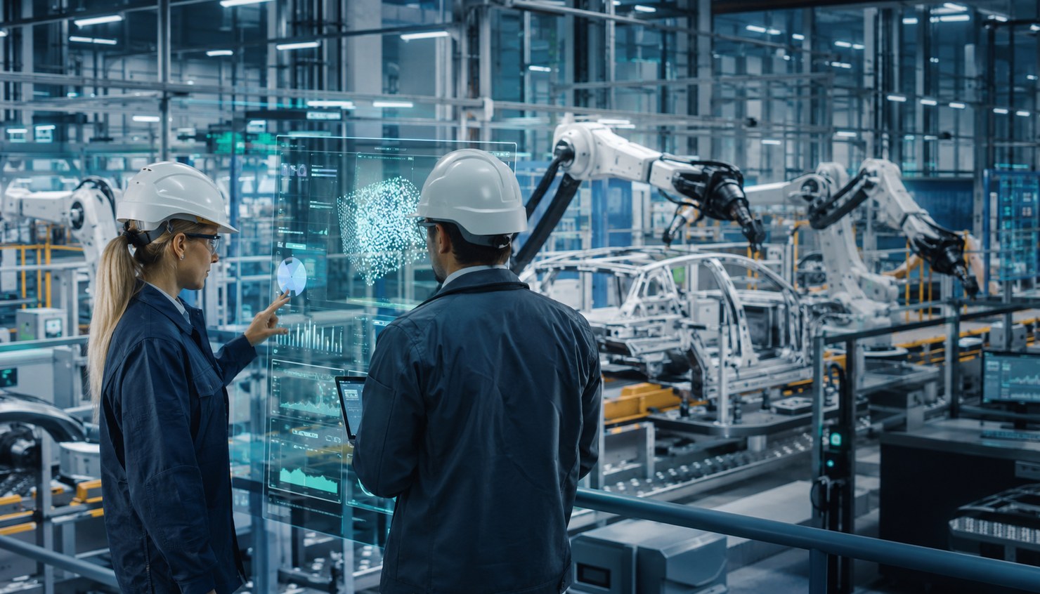 Centro de producción avanzado con operarios, pantallas de datos e inteligencia artificial supervisando procesos de manufactura