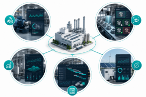 Esquema visual de cinco casos de uso de inteligencia artificial en manufactura: mantenimiento, calidad, procesos, planificación y energía