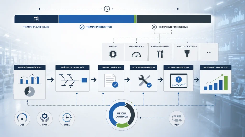 Mapa visual de Lean para convertir perdidas de tiempo en mas tiempo productivo de fabrica