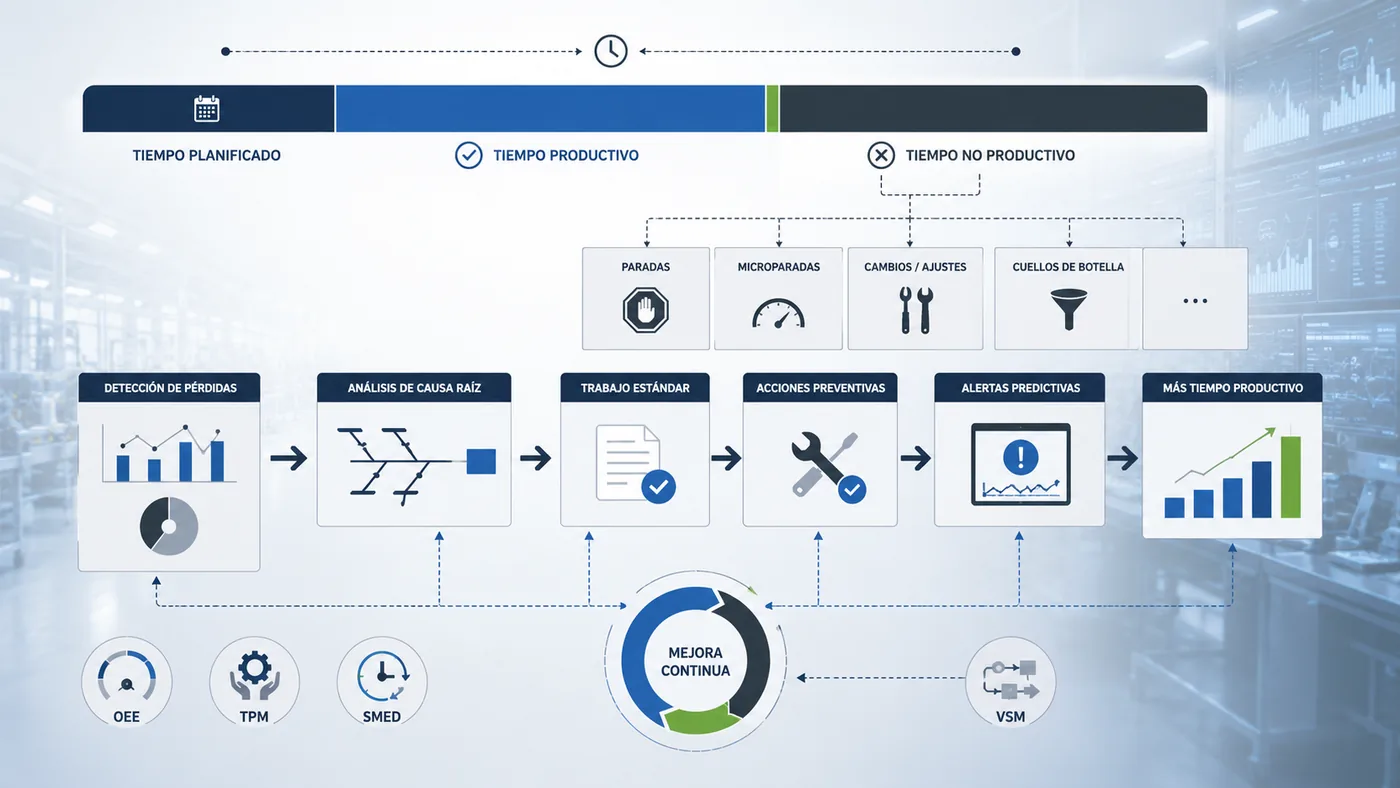 Mapa visual de Lean para convertir perdidas de tiempo en mas tiempo productivo de fabrica