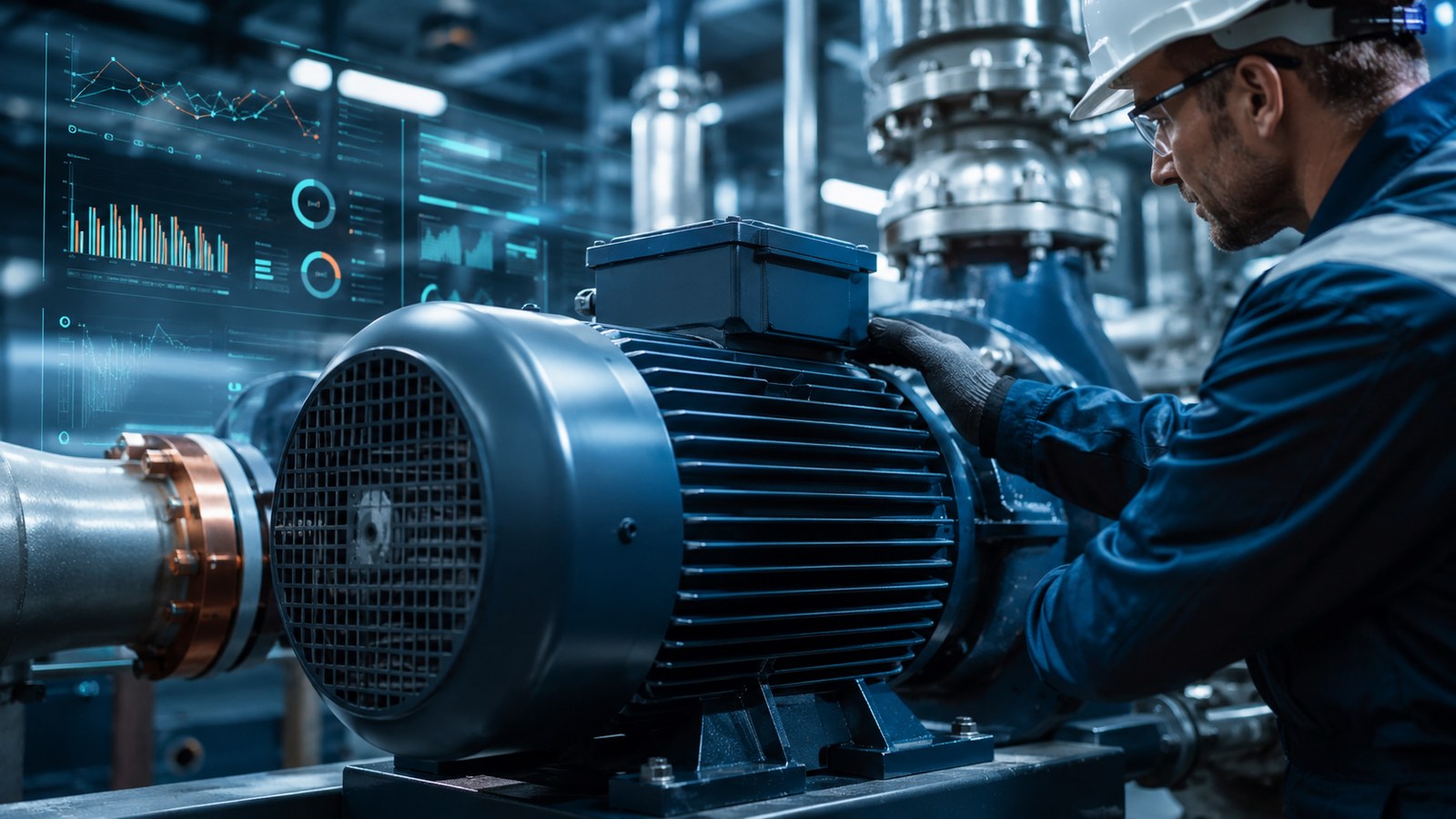Motor industrial monitorizado por mantenimiento predictivo con paneles de analítica en planta