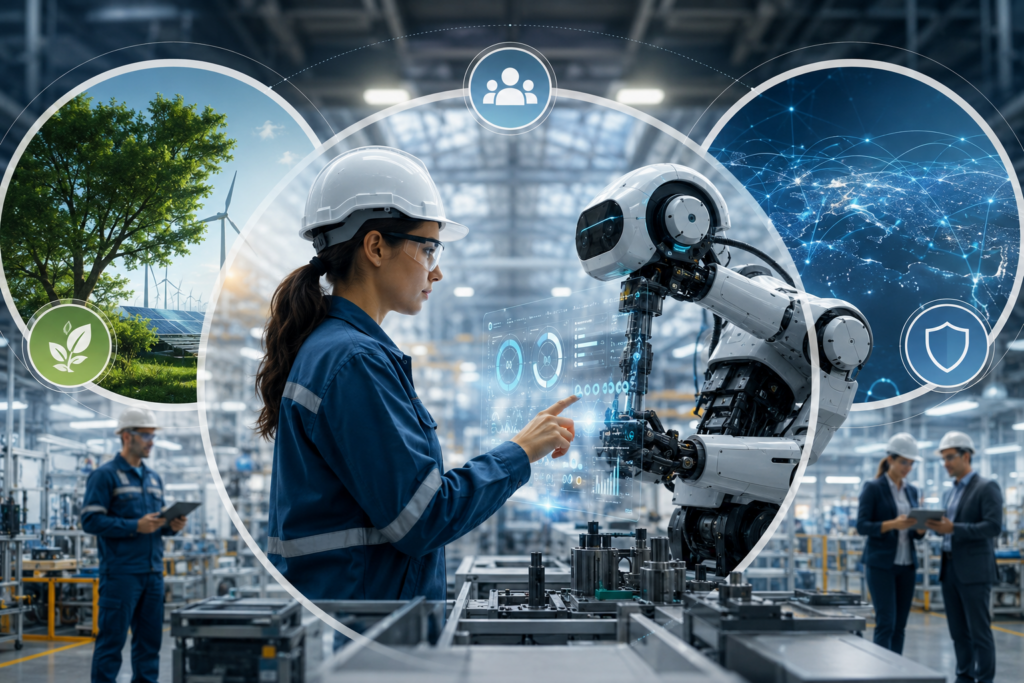 Escena industrial editorial que representa sostenibilidad, resiliencia y colaboración entre personas y sistemas inteligentes