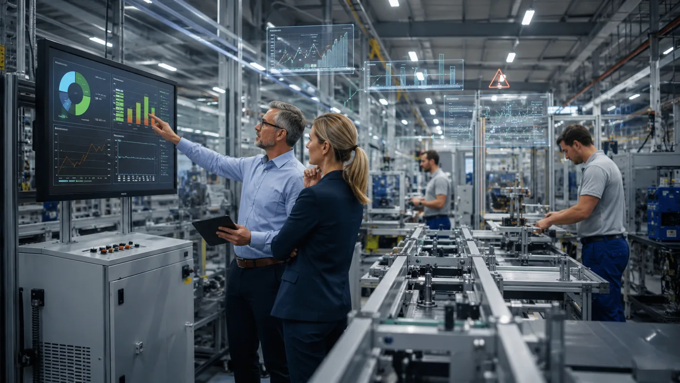 Linea de fabrica moderna con indicadores digitales de OEE, disponibilidad y tiempo productivo