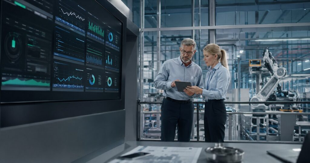 Equipo industrial revisando un panel de indicadores para evaluar el retorno de un proyecto de inteligencia artificial en planta.