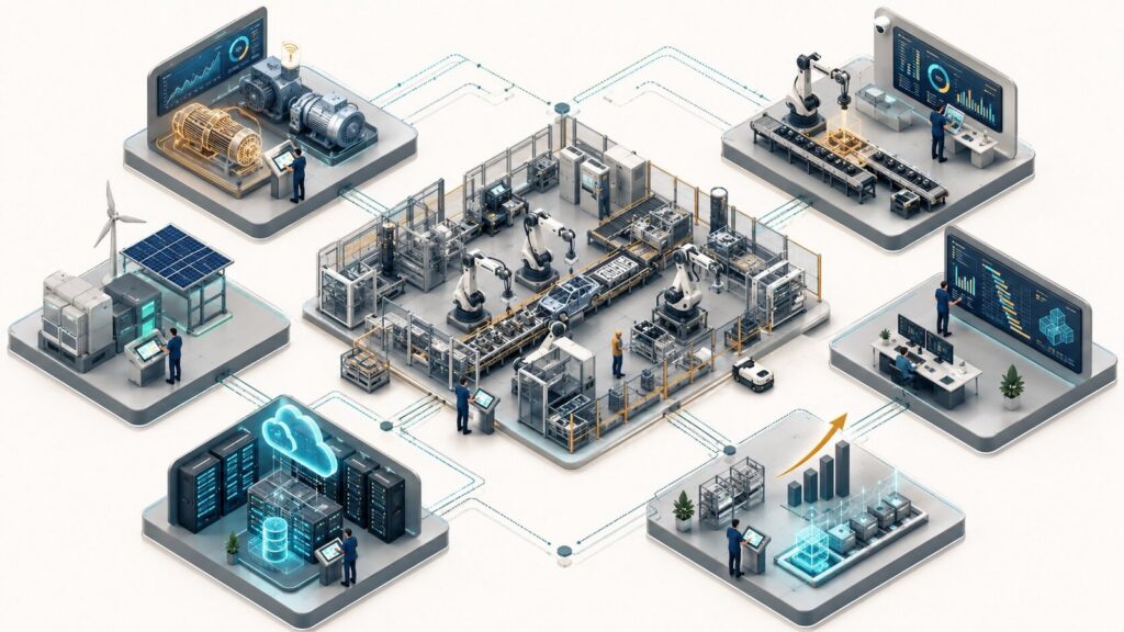 Ilustración isométrica de una fábrica conectada con seis palancas de valor: mantenimiento, calidad, energía, planificación, datos y escalado.
