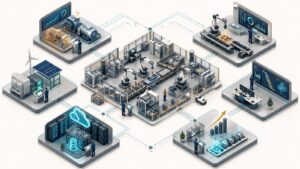Ilustración isométrica de una fábrica conectada con seis palancas de valor: mantenimiento, calidad, energía, planificación, datos y escalado.