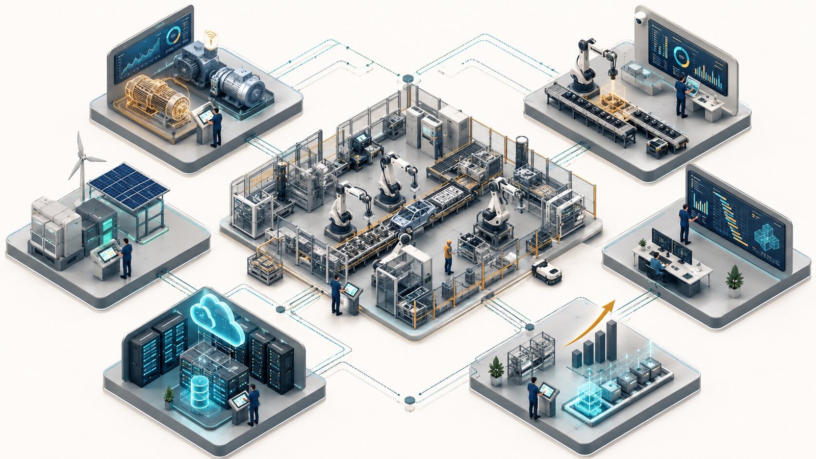 Ilustración isométrica de una fábrica conectada con seis palancas de valor: mantenimiento, calidad, energía, planificación, datos y escalado.
