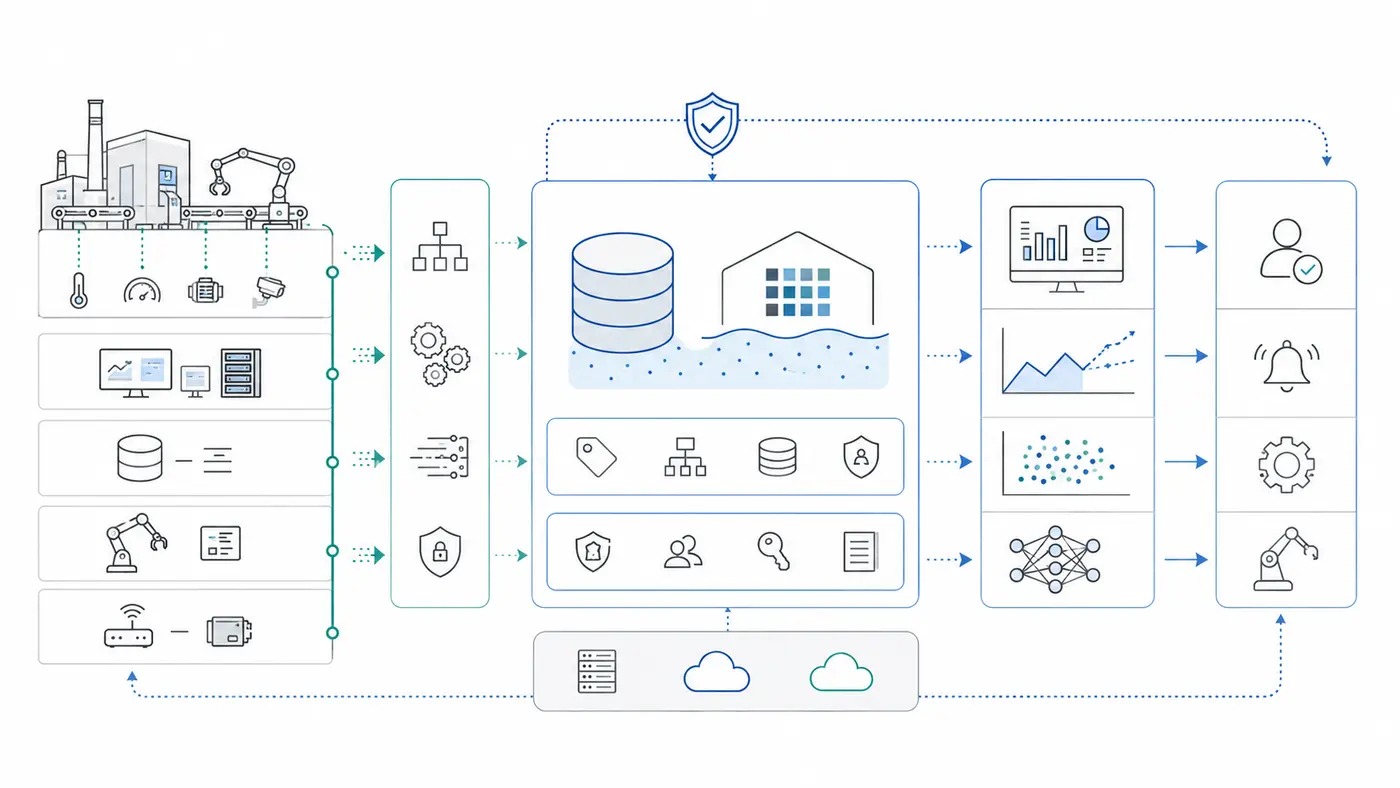 Esquema conceptual de arquitectura de business intelligence industrial con fuentes OT e IT, capa de datos, dashboards y decisiones operativas