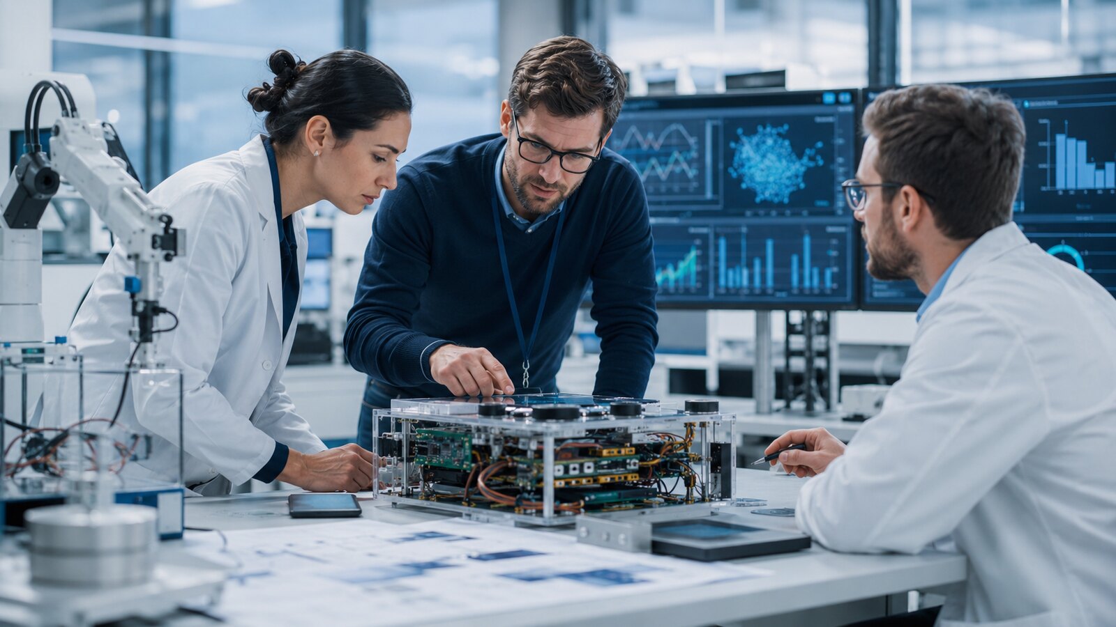 Equipo tecnico revisando un prototipo industrial con datos en pantalla para una prueba de concepto financiable