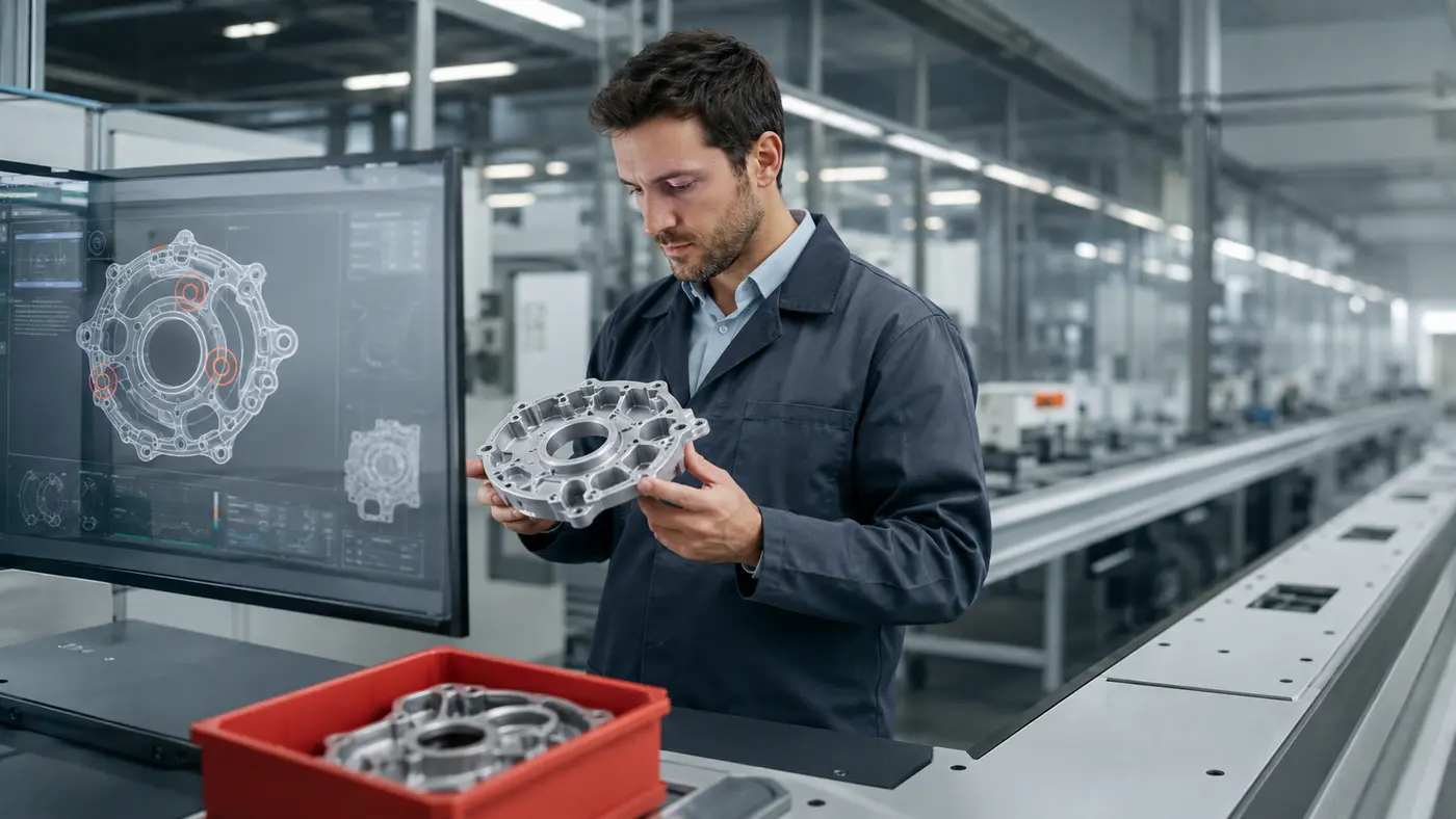 Ingeniero revisando una pieza industrial en una estación de inspección de calidad con apoyo de datos