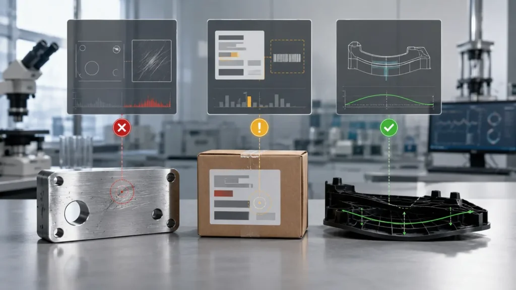 Tres muestras industriales con defectos visibles en una mesa de control de calidad