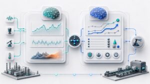 Diagrama conceptual que compara IA predictiva e IA prescriptiva como flujo de señales, riesgos y recomendaciones operativas