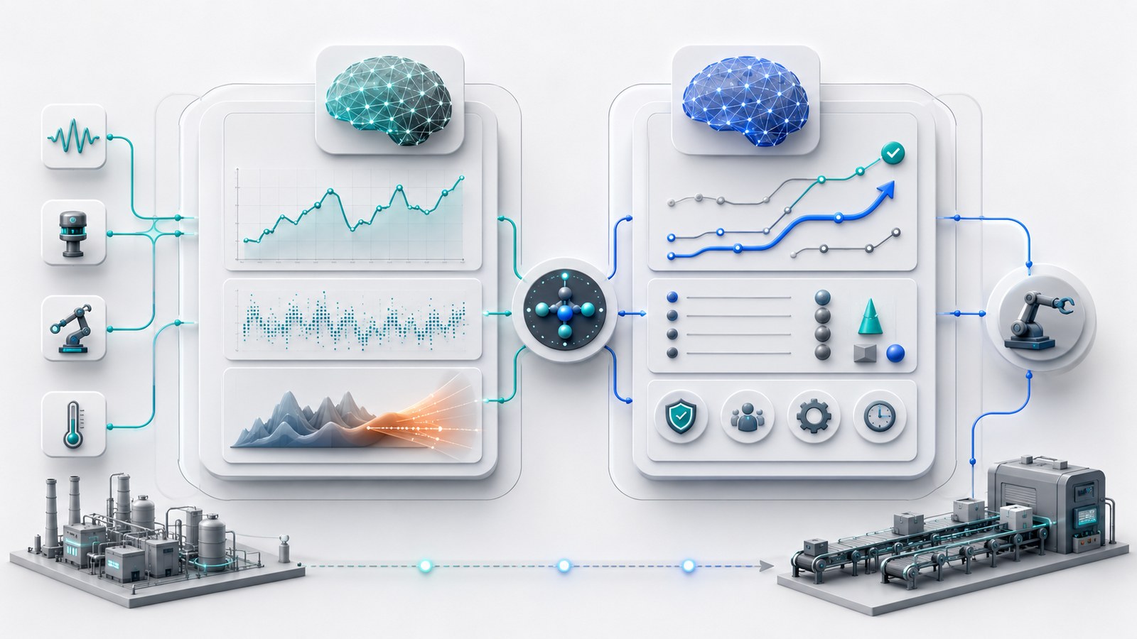 Diagrama conceptual que compara IA predictiva e IA prescriptiva como flujo de señales, riesgos y recomendaciones operativas