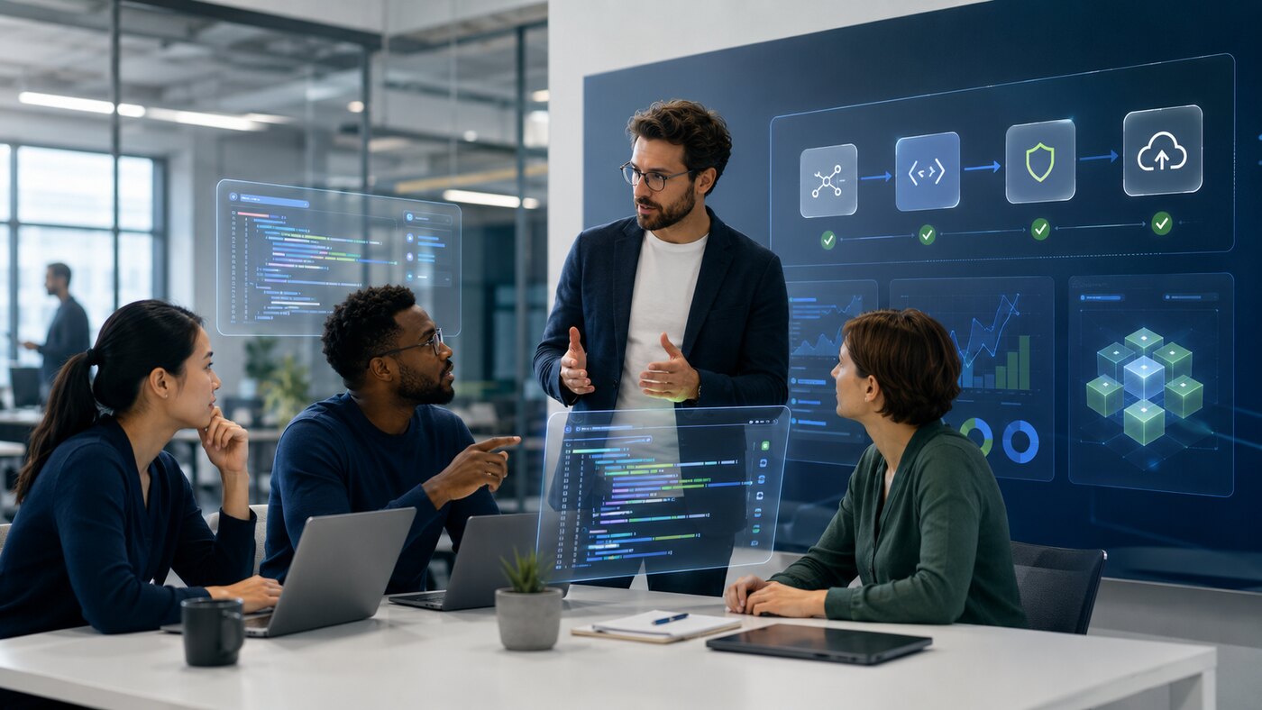 Equipo de desarrollo colaborando con asistentes de IA en arquitectura, codigo, calidad y despliegue