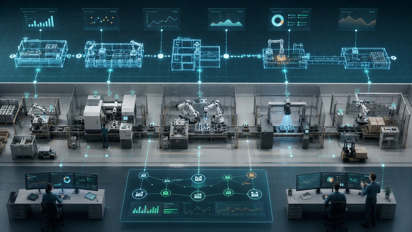 Flujo de producción Lean conectado con sensores, gemelo digital e inteligencia artificial para detectar desperdicios y cuellos de botella