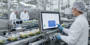 Planta agroalimentaria moderna con inspección de calidad y análisis de datos mediante inteligencia artificial