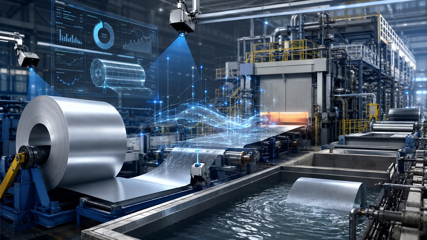 Linea industrial de galvanizado y decapado de acero con sensores, bobinas y capa digital de inteligencia artificial