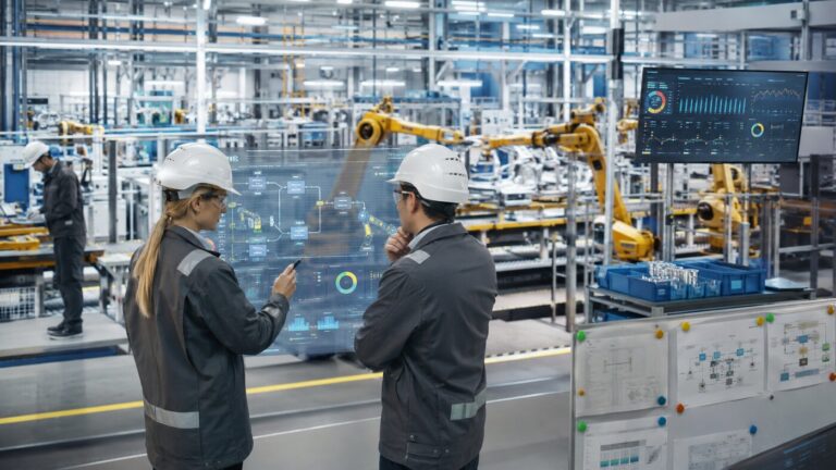 Equipo industrial revisando una línea de producción automatizada con analítica de inteligencia artificial para mejorar el flujo Lean